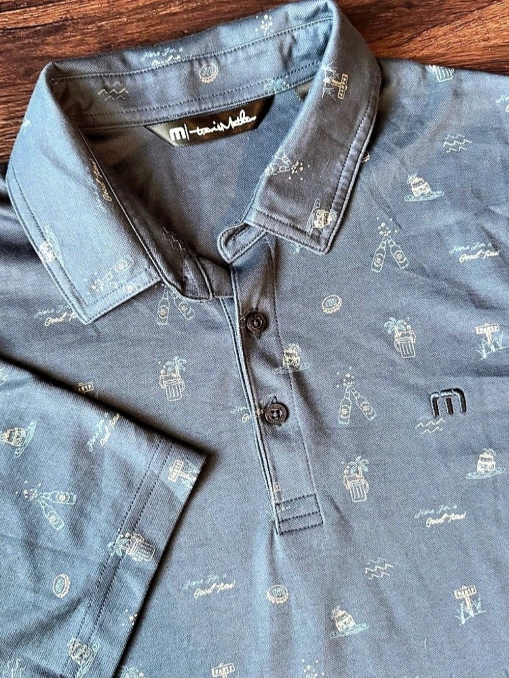 Travis Mathew Polo Shirt Medium Blue West Coast Party Print Dress To Impress